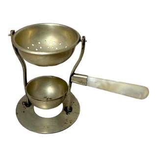 Antique 1800's Nickel Plated Mother of Pearl Handle Tea Bag Strainer Gimbal For Sale