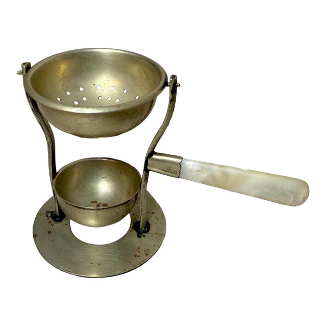 Antique 1800's Nickel Plated Mother of Pearl Handle Tea Bag Strainer Gimbal For Sale