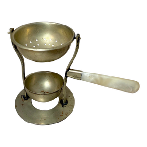 Antique 1800's Nickel Plated Mother of Pearl Handle Tea Bag Strainer Gimbal