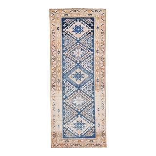 1960s Vintage Persian Hamadan Shabby Chic Handmade Tribal Navy Blue Wool Runner For Sale