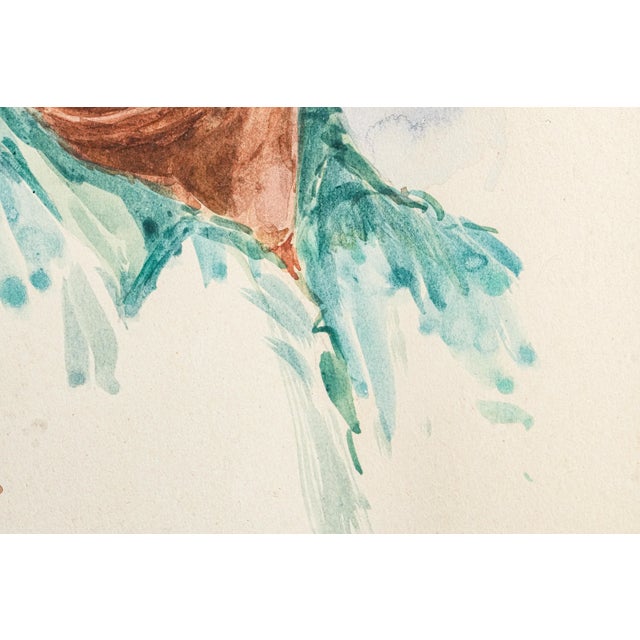 Blue Framed Mid-Century Figurative Vintage Artwork Watercolor Painting Portrait of a Man Mustache Hat For Sale - Image 8 of 12