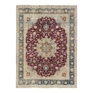 Layered Floral Medallion Antique Persian Mashad Rug in Red, Blue and Cream For Sale