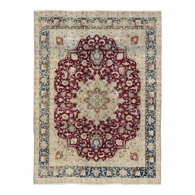 Layered Floral Medallion Antique Persian Mashad Rug in Red, Blue and Cream For Sale