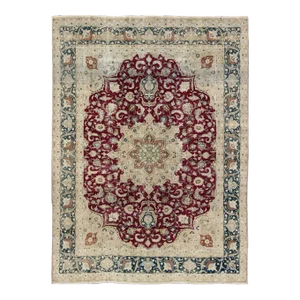 Layered Floral Medallion Antique Persian Mashad Rug in Red, Blue and Cream
