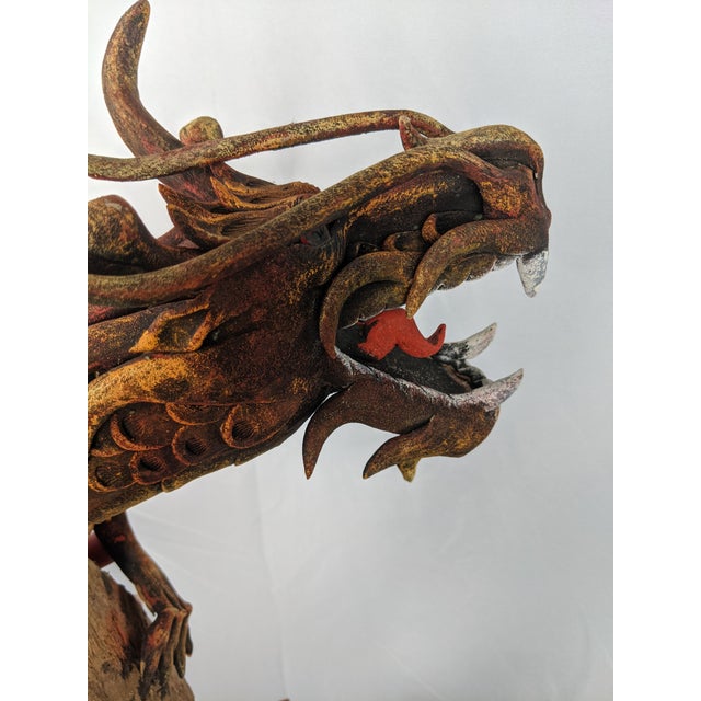 Mid 20th Century Mid 20th Century Monumental Hand-Carved Asian Dragon Coiled Around Natural Tree Trunk Sculpture With Original Polychrome Finish 40" For Sale - Image 5 of 18
