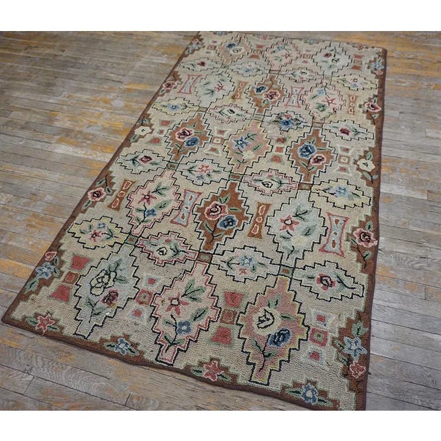 Wonderful Beige Background With Geometric Shapes and Floral Design Antique American Hooked Rug For Sale - Image 11 of 11