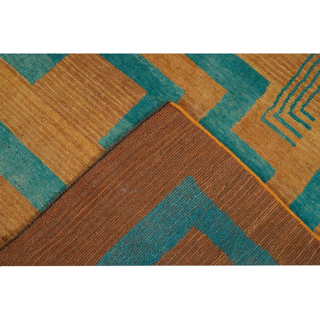 Textile Modern Deco Style Handmade Geometric Goldenrod and Teal Wool Rug For Sale - Image 7 of 9