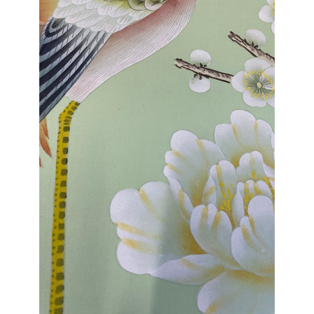 A Set of 3 Panels Hand-Painted Silk Chinoiserie Wallpaper, Aqua Green Silk Wallpaper, Set of 3 For Sale - Image 6 of 10