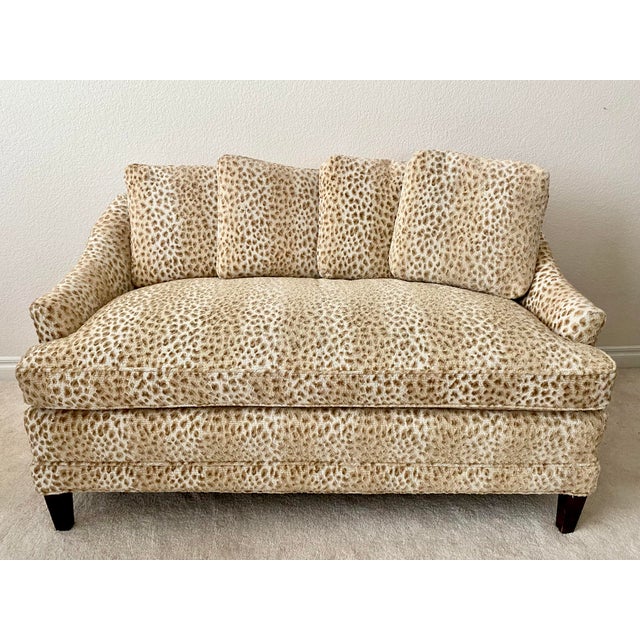 Vintage high-quality transitional exquisite settee featuring an exotic textured leopard print pattern in warm gold, tan,...