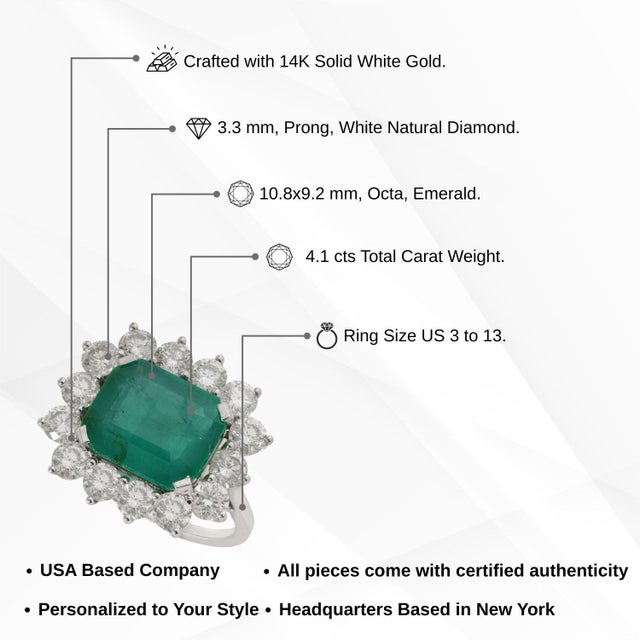 Contemporary Empire Style 4.1ct Big Emerald Diamond 14k White Gold Ring Size 4 For Sale - Image 13 of 18
