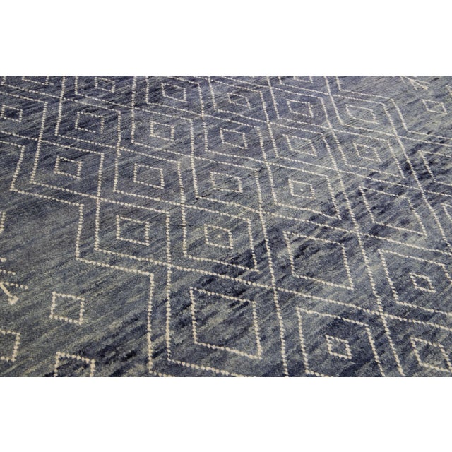 8 X 11 Navy Blue Handmade Moroccan Wool Rug With Geometric Pattern For Sale In New York - Image 6 of 10