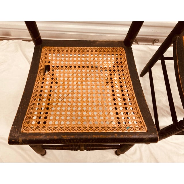 Antique Pair Hitchcock Chairs Black With Faded Greek Key Painting on Top of Chair Backs Cane Seats For Sale - Image 9 of 11