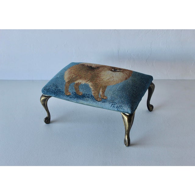 Vintage Pomeranian Tapestry Upholstered Cast Brass Cabriole Legs Footstool For Sale - Image 4 of 10
