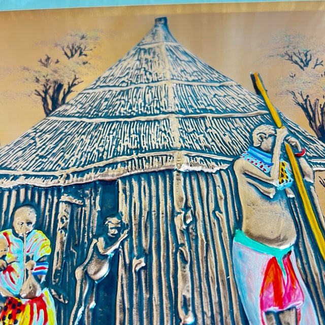 African Vintage African Copper Repoussé Village Scene Wall Art – Zambia 1999 For Sale - Image 3 of 12