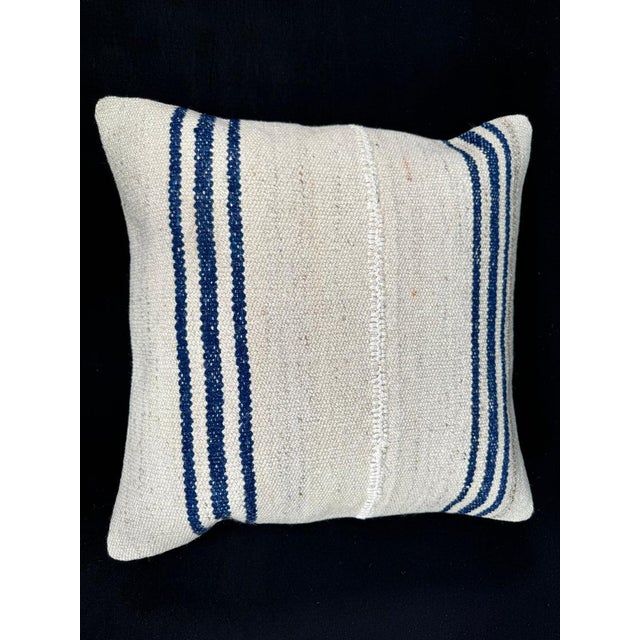 Turkish Hemp Pillow Cushion Natural Beige Blue Cushion Cover 20x20 For Sale - Image 4 of 4