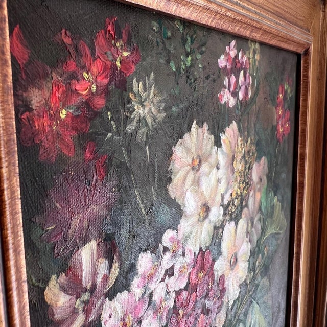 Textile 1980s Signed Beautiful oil painting of flowers and vase // signed flower still life // framed artwork // one of a kind // original artwork // elegant For Sale - Image 7 of 9