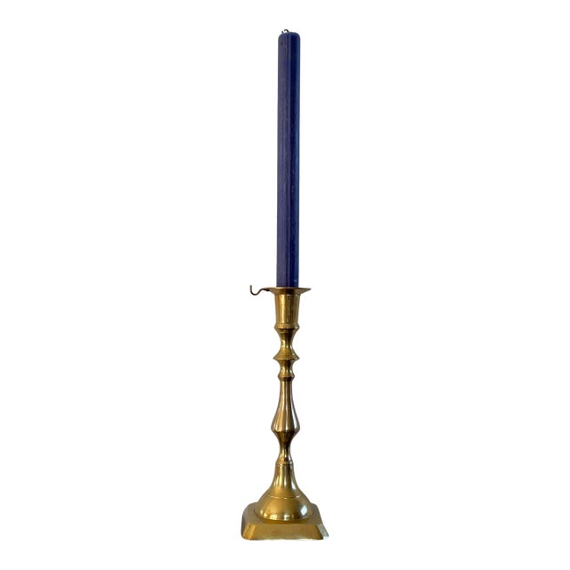 Vintage Solid Brass Candlestick With Integrated Snuffer Hook, Georgian Revival Style For Sale