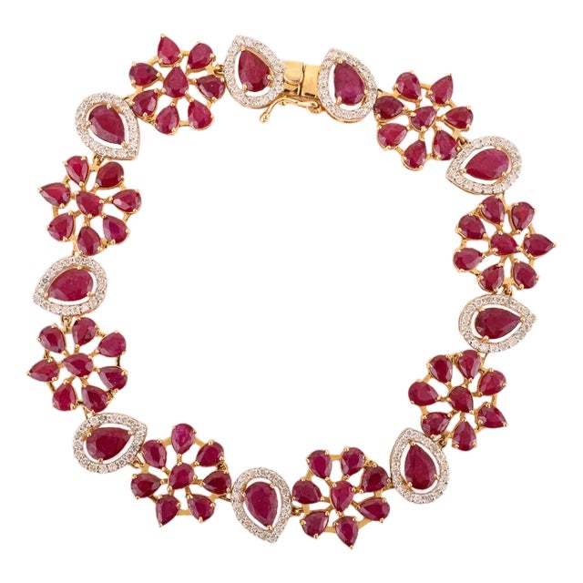 12.37 CTW Pear Cut Floral Pure Red Ruby & Diamond Bracelet in 14k Yellow Gold For Sale