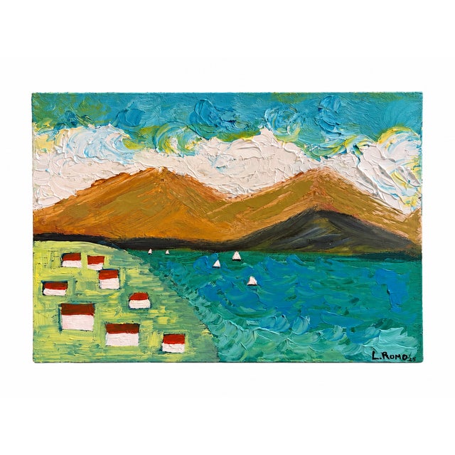 Cerulean 2025 Original Impasto Mountain and Lakeside Landscape Painting Signed L. Romo For Sale - Image 8 of 8