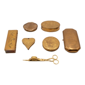 Set of 7 Mottahedeh Winterthur Brass Pill Boxes and Colonial Williamsburg Candle Snuff