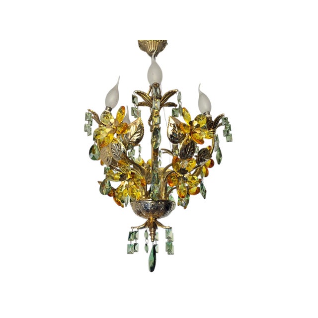 Vintage Hand-Painted Floral Crystal Chandelier | Amber & Green Glass Flowers | Classic Brass Ceiling Light | Restored Antique Lighting For Sale - Image 6 of 17