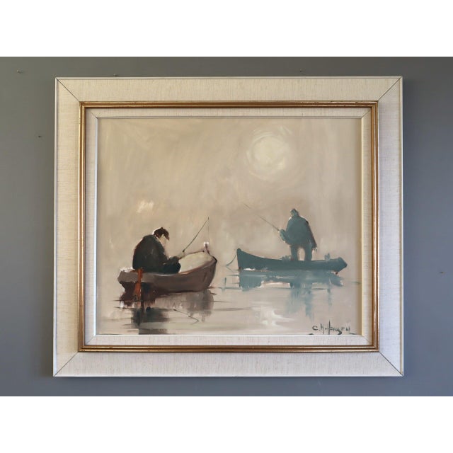 MOMENTS BETWEEN CASTS Size: 26.8 x 31.1 inches (including frame) Oil on canvas A serene mid-century figurative seascape...