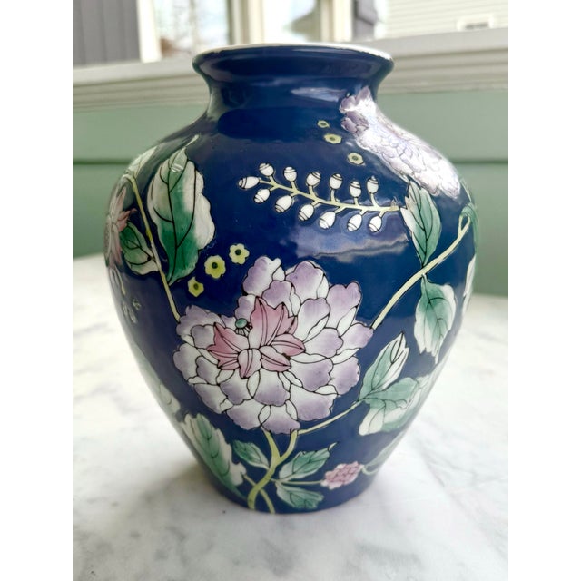 Ceramic Chinoiserie Cobalt Blue Vase With Peonies For Sale - Image 7 of 9