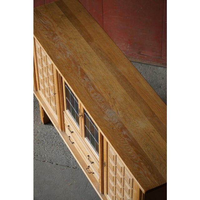 Danish Oak Sideboard with Leaded Glass Doors by Henning Kjærnulf, Denmark, 1960s For Sale - Image 17 of 18