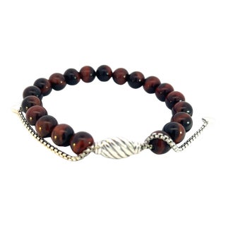 1990s David Yurman Tiger Eye Spiritual Beads Bracelet 6.6 - 8.5" Silver 8 mm Estate For Sale