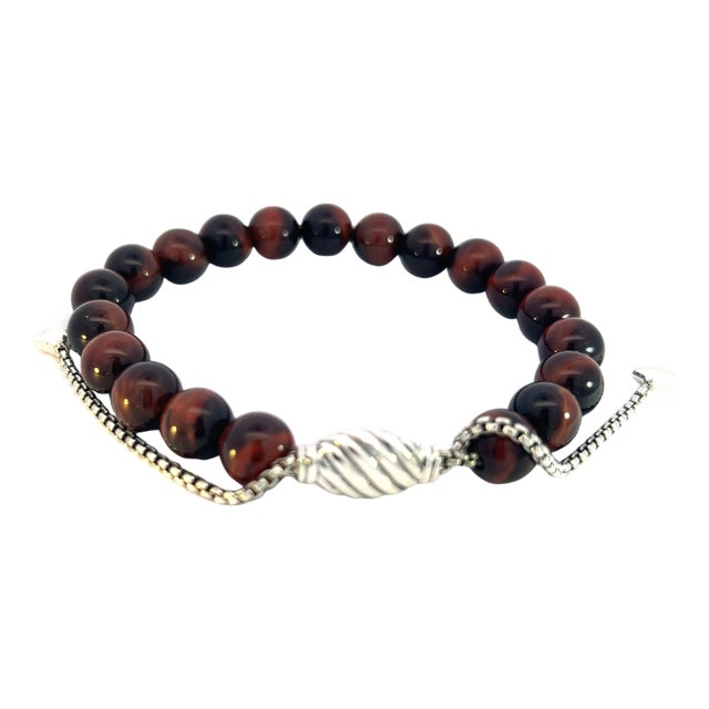 1990s David Yurman Tiger Eye Spiritual Beads Bracelet 6.6 - 8.5" Silver 8 mm Estate For Sale