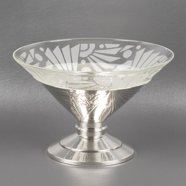 Silver Art Deco Silver Plate and Etched Glass Centerpiece Bowl, 1930s For Sale - Image 8 of 13