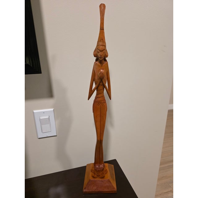 Sculpture Materials Large 22" Mid-Century Balinese Art Deco Elongated Maiden With Water Vessel Masterwork Sculpture For Sale - Image 7 of 12