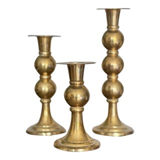 Set of 3 Vintage Brass Candleholders With Stacked Sphere Design and Polished Finish For Sale