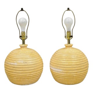 Vintage Mid Century Modern Lacquered Fiberglass Round Beehive Table Lamps - Pair For Sale