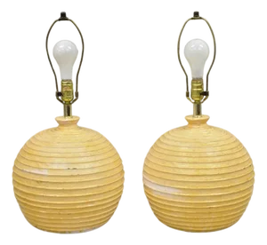 Vintage Mid Century Modern Lacquered Fiberglass Round Beehive Table Lamps - Pair