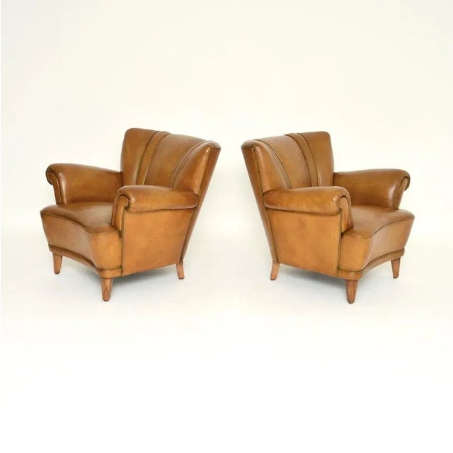 Mid-Century Modern Vintage Swedish Leather Club Armchairs, 1940s, Set of 2 For Sale - Image 3 of 9