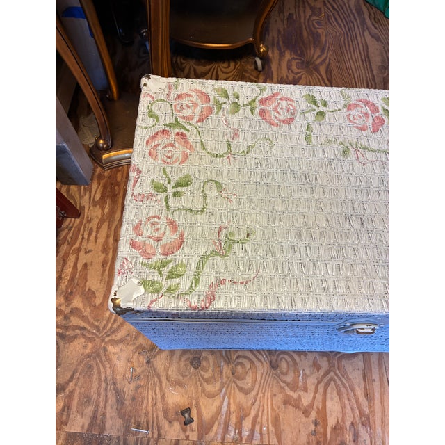 Vintage Blue Painted Wicker Storage Trunk With Pink Roses For Sale In Oklahoma City - Image 6 of 6
