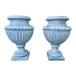Neoclassical Beaded White Cement Fluted Pedestal Urn Planters - Set of 2