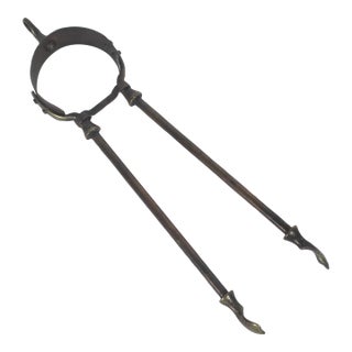 Antique Brass and Copper Tone Fire Tongs or Coal Tool For Sale