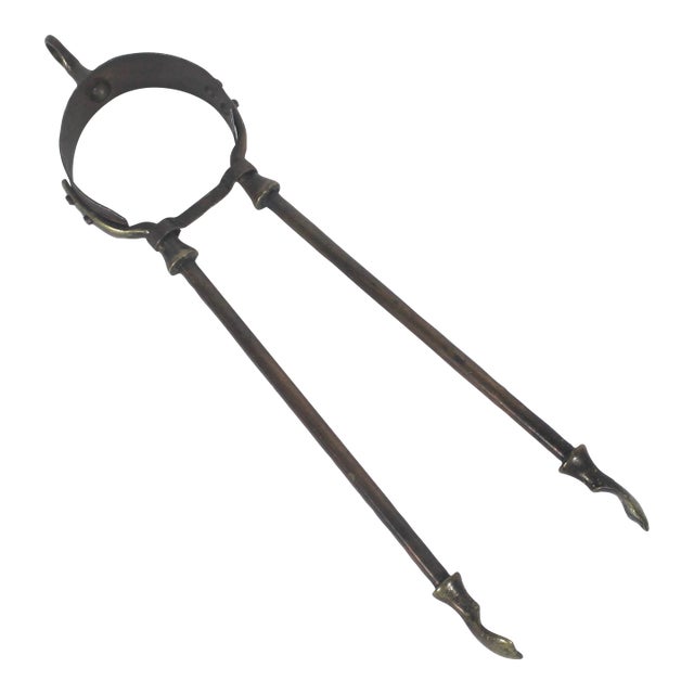 Antique Brass and Copper Tone Fire Tongs or Coal Tool For Sale