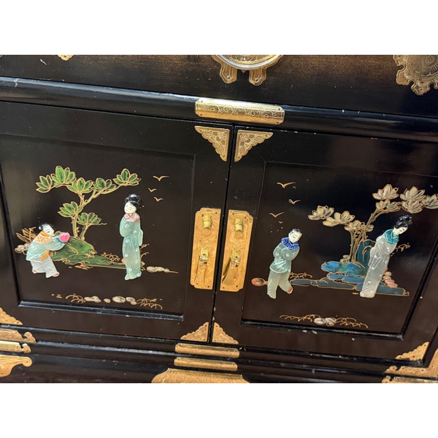 Mid 20th Century Pair of Black Lacquered Chinese Cabinets With Mother-of-Pearl Inlay For Sale - Image 5 of 5