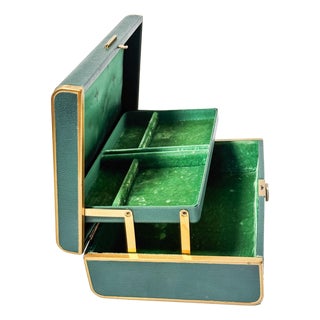 Vintage Mid Century Emerald Green Jewelry Box With Gold Filigree & Veltvet / Satin Interior For Sale