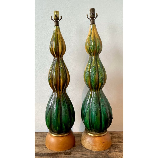 Vintage MCM Drip Glaze Ceramic Lamps - A Pair For Sale - Image 9 of 12