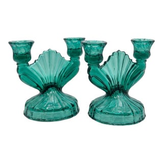 1930s Rare Art Deco Jeannette Glass Ultramarine Double Candlestick Holders - Pair For Sale