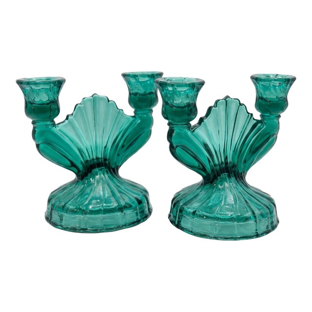 1930s Rare Art Deco Jeannette Glass Ultramarine Double Candlestick Holders - Pair For Sale