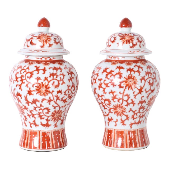 Pair of Red and White Porcelain Lidded Urns or Jars For Sale