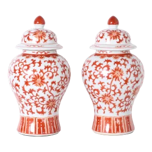 Pair of Red and White Porcelain Lidded Urns or Jars