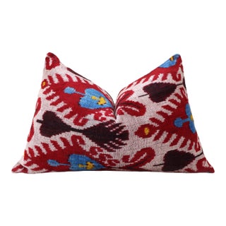 Hand-Knotted Silk Velvet Ikat Lumbar Pillow - 16x24 Ruby & Azure Multi For Sale