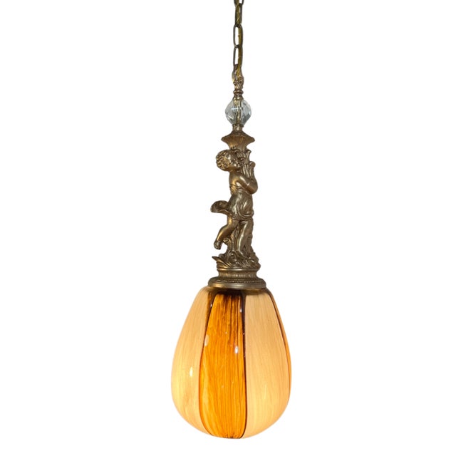 Murano Art Glass Aventurine Ovoid Shade With a Cherub Sculpture Pendant Light For Sale - Image 16 of 18