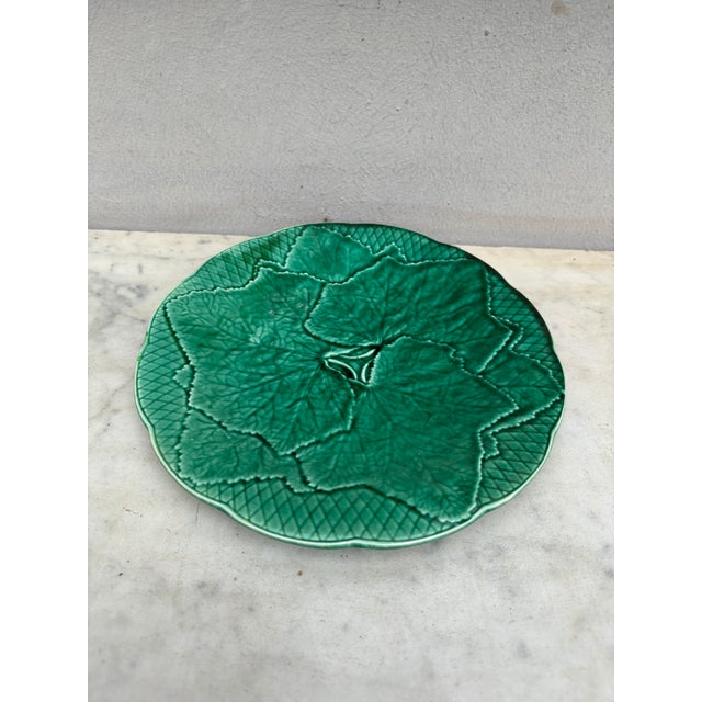 Green Majolica Leaf Plate signed Gien Primefleur circa 1950.